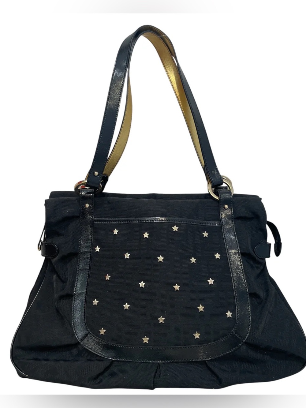 Fendi Black Shoulder Bag with Gold Star Studs